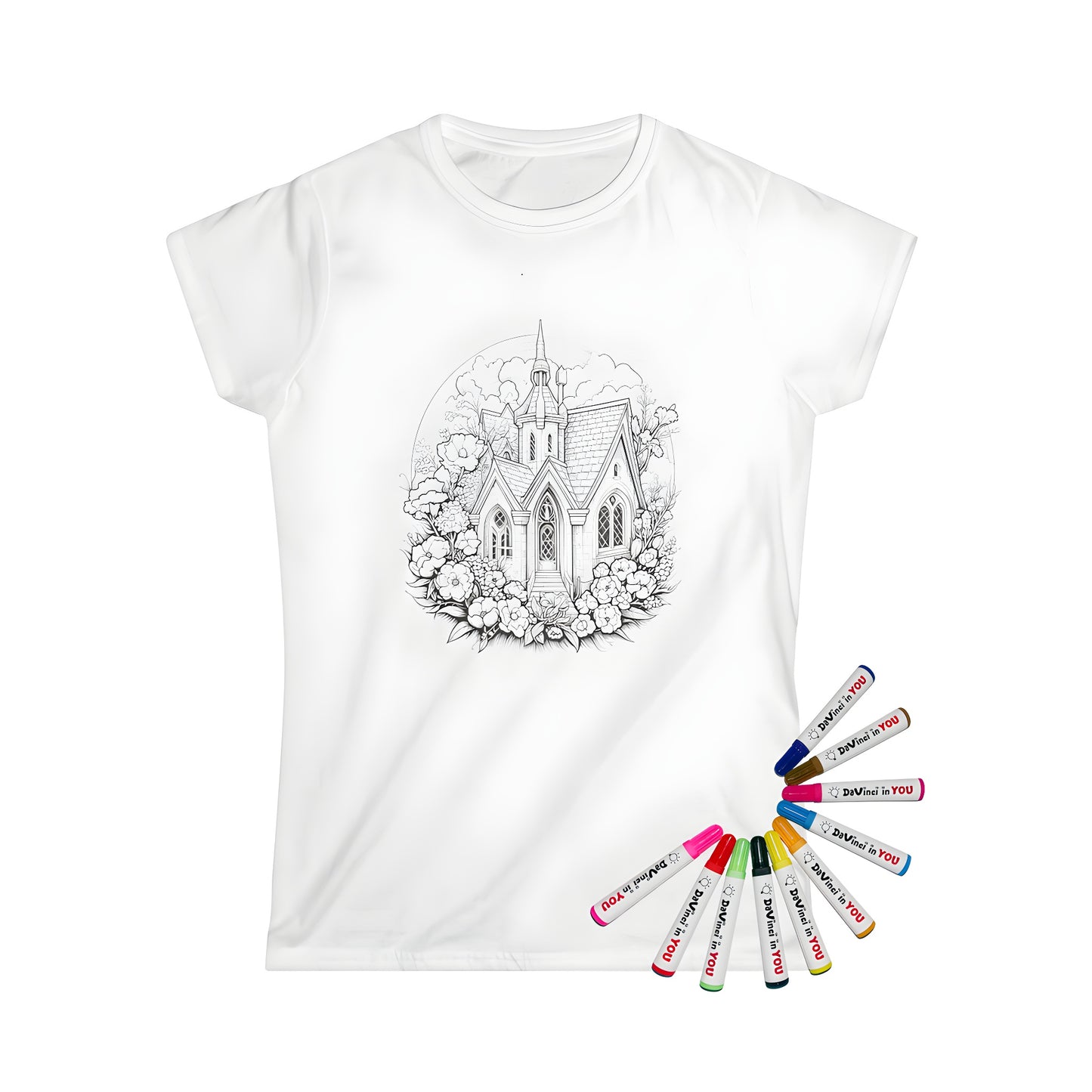 Gothic church, cathedral, and flower coloring page design on a women's t-shirt