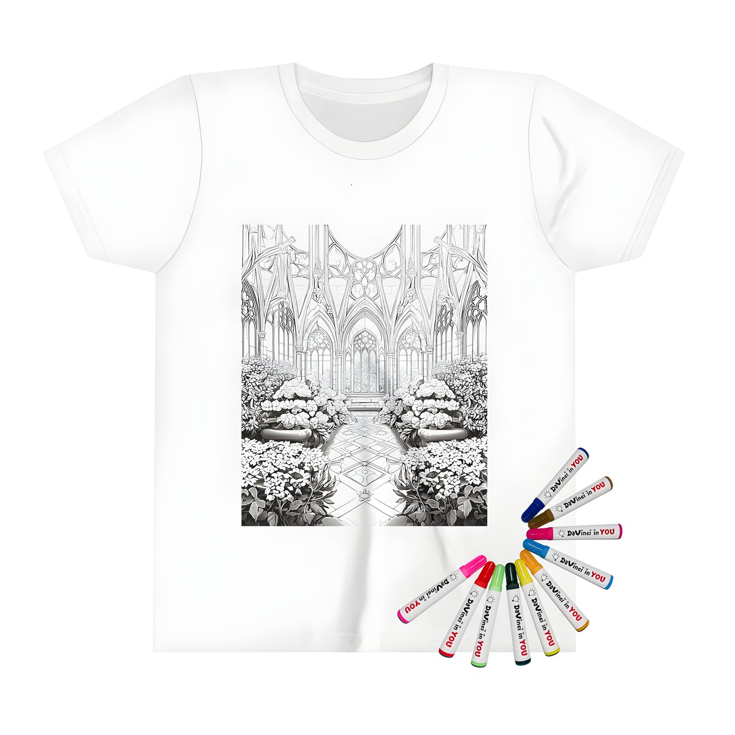 Kid's T-shirt featuring an intricate black-and-white castle garden design with flowers, stained glass, and pathways