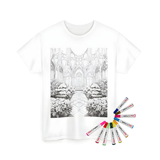 Unisex T-shirt featuring an intricate black-and-white drawing of a gothic castle garden, stained glass, and pathways. Perfect for fans of medieval architecture, fantasy art, and whimsical designs.