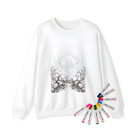 Adult sweatshirt featuring intricate Gothic church architecture designs with floral gardens in the foreground set against cloudy sky backgrounds