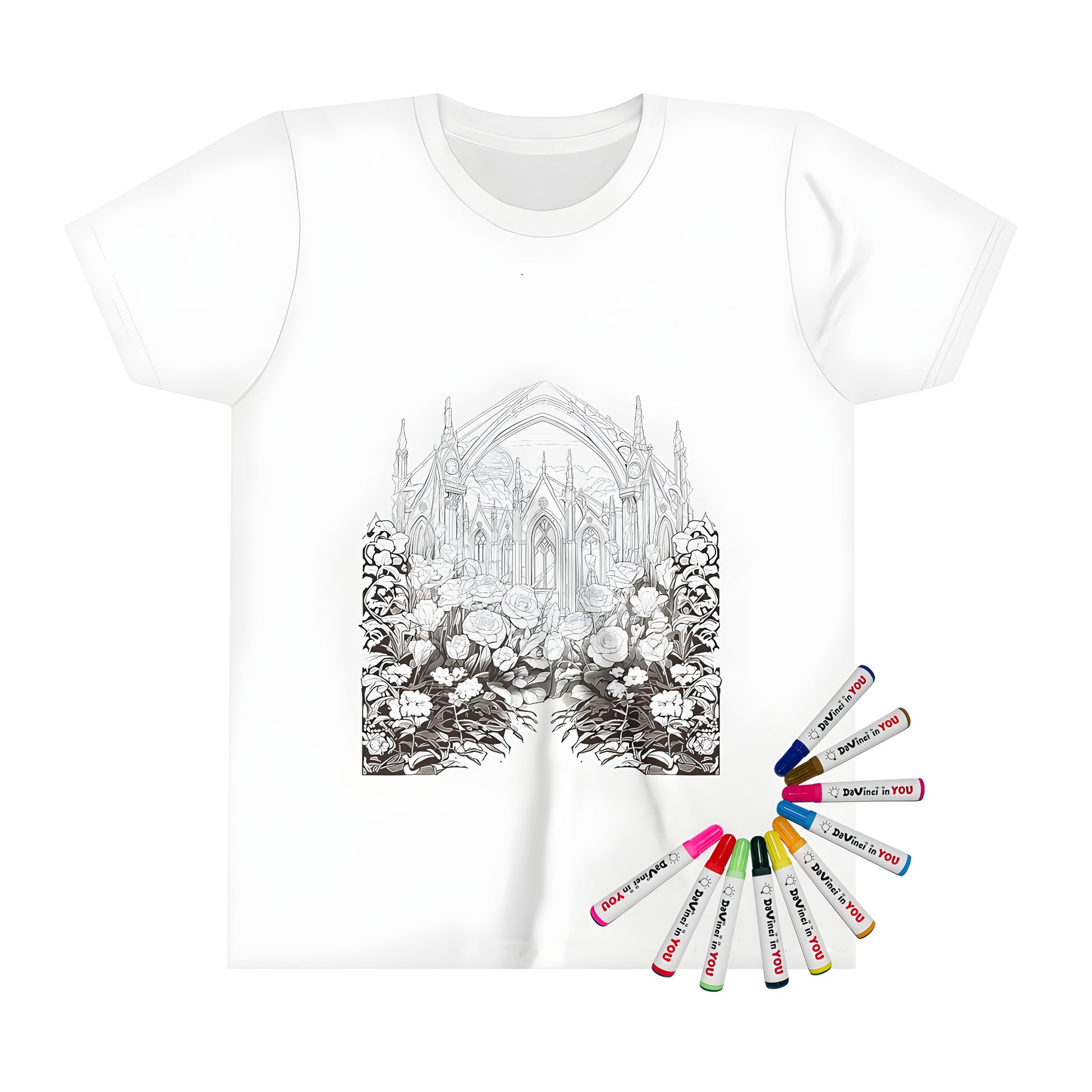 Kids' coloring page t-shirt featuring an intricate cathedral design with floral garden details, set against a cloudy sky. Perfect for kids who love art and architecture.