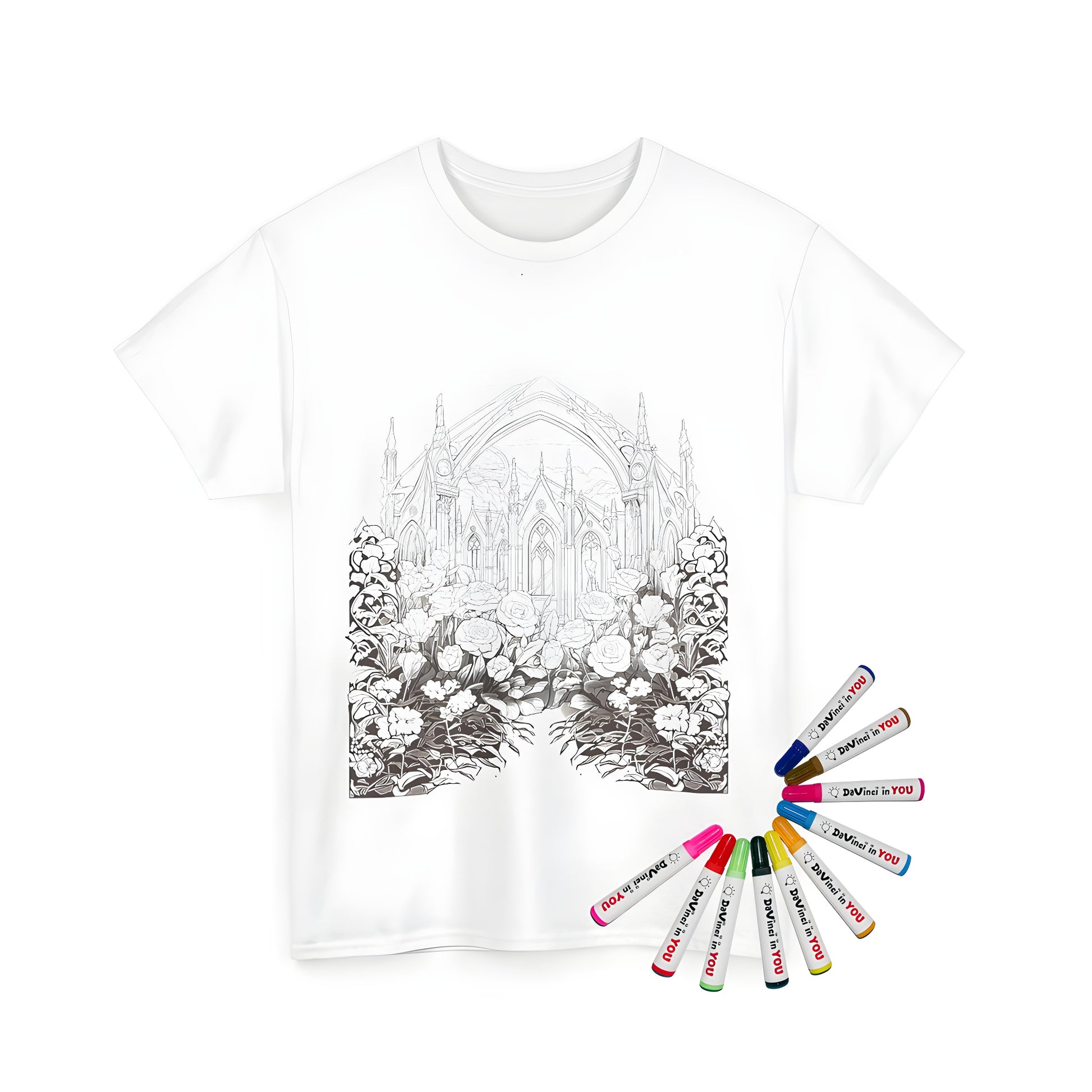 Unisex t-shirt featuring an intricate gothic cathedral design with floral garden in foreground and clouds sky backdrop