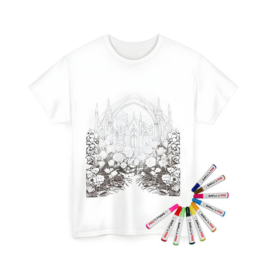 Unisex t-shirt featuring an intricate gothic cathedral design with floral garden in foreground and clouds sky backdrop