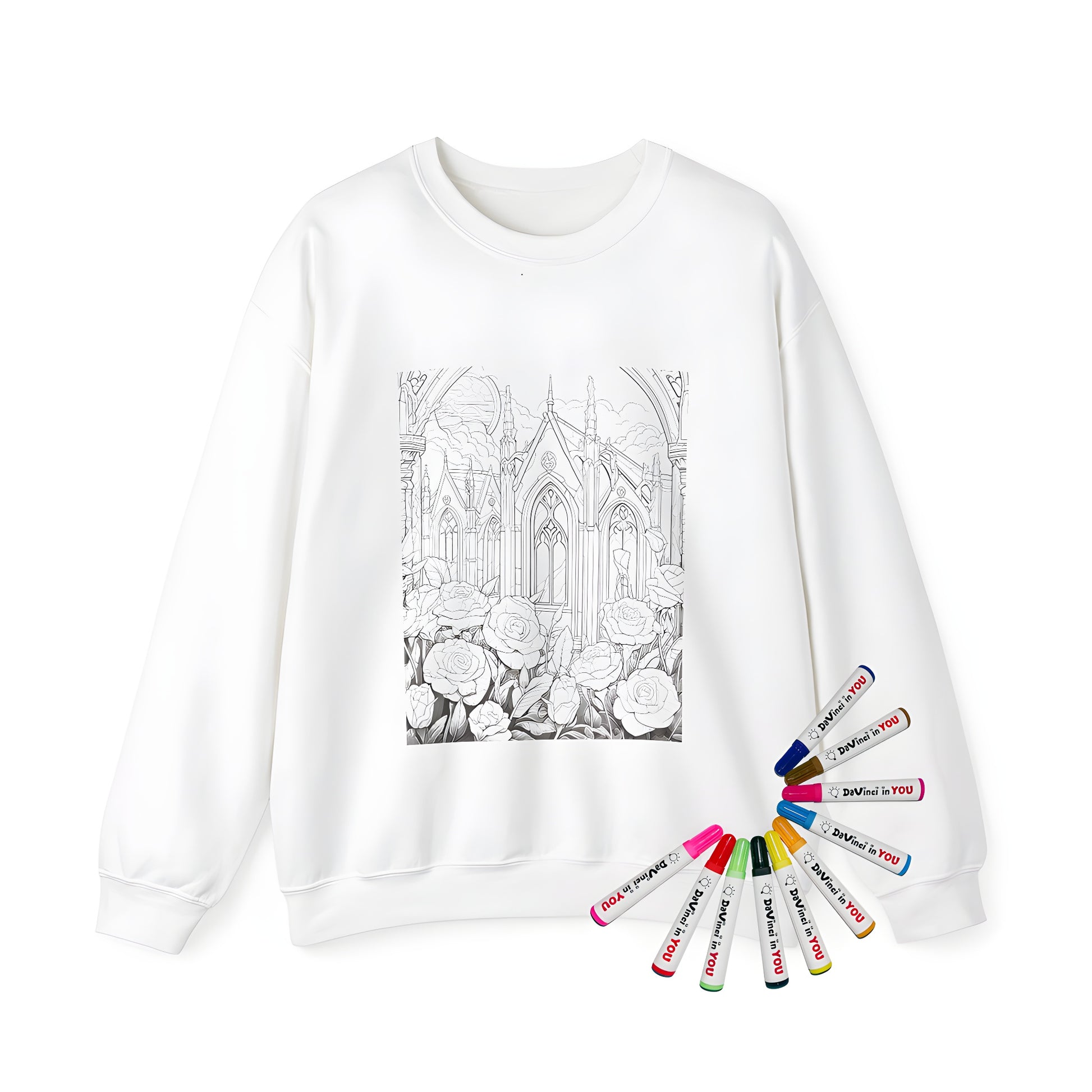 Adult sweatshirt with intricate gothic cathedral and blooming rose pattern. Gothic architecture, floral design, and artistic coloring page come together in this unique adult apparel.