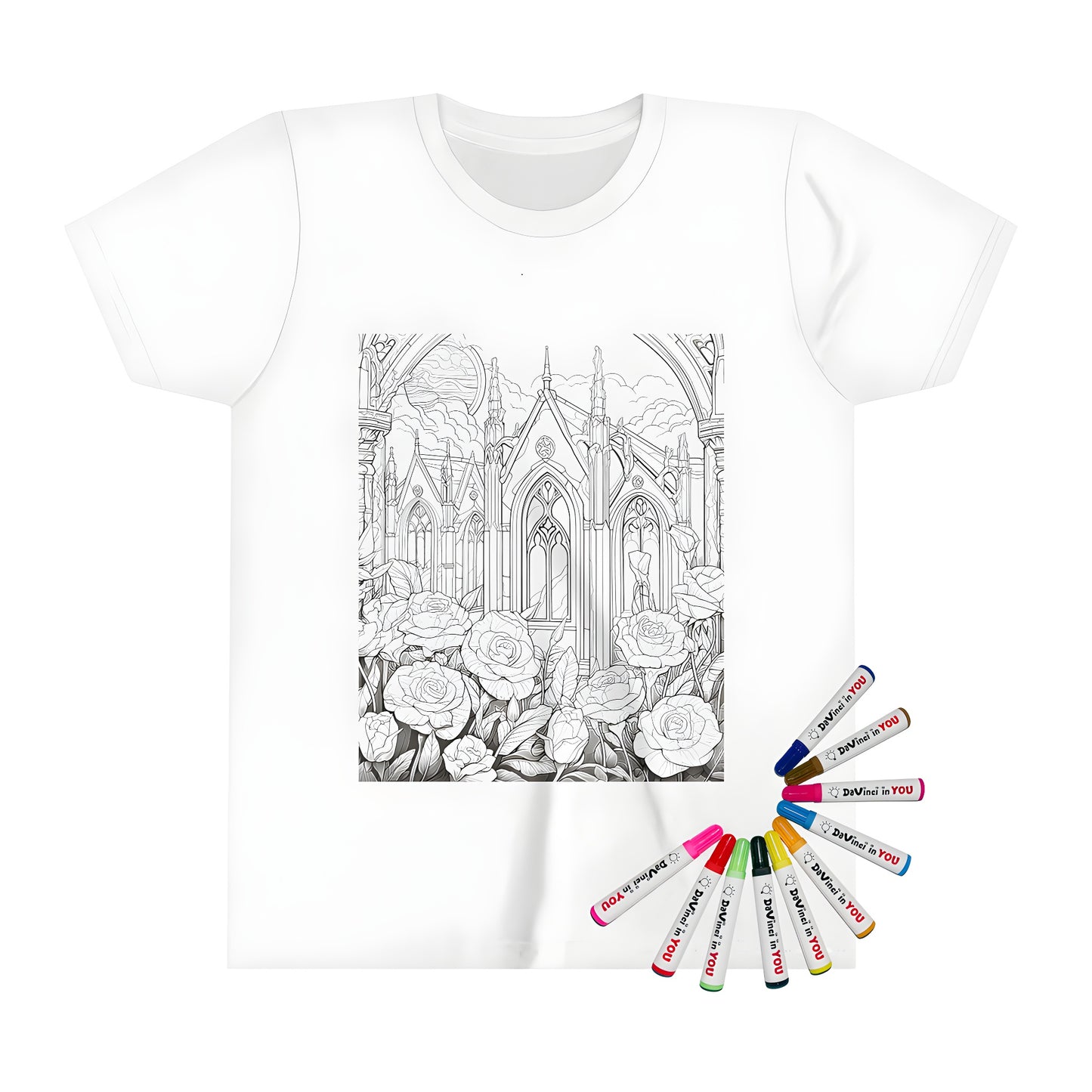 Kid's t-shirt featuring an intricate gothic cathedral and blooming roses design. Perfect for kids who love art and drawing.