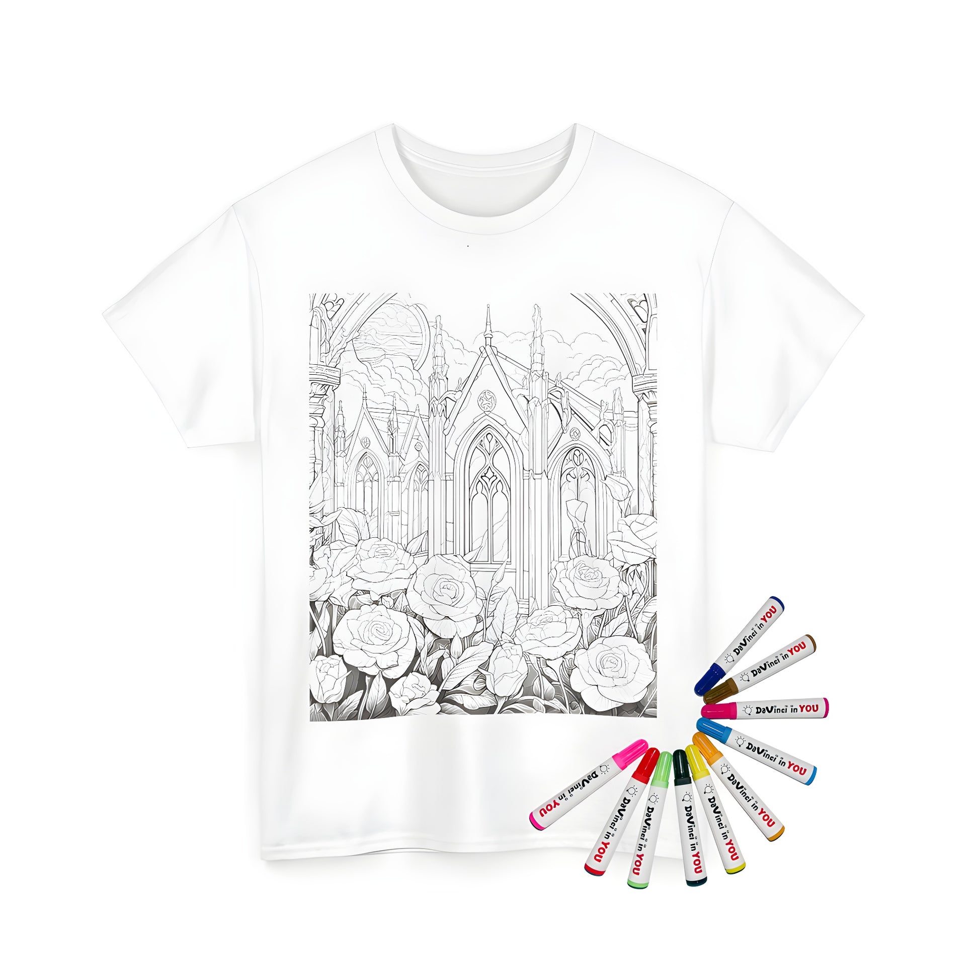 Unisex T-Shirt with intricate gothic cathedral and blooming rose design