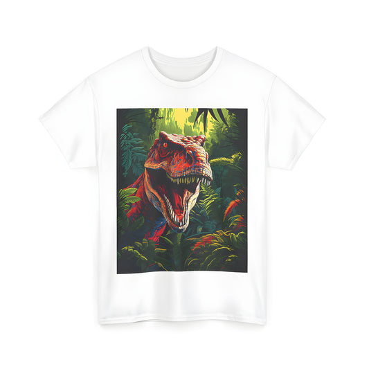 Unisex T shirt featuring a detailed illustration of a fierce dinosaur roaring amidst lush jungle foliage