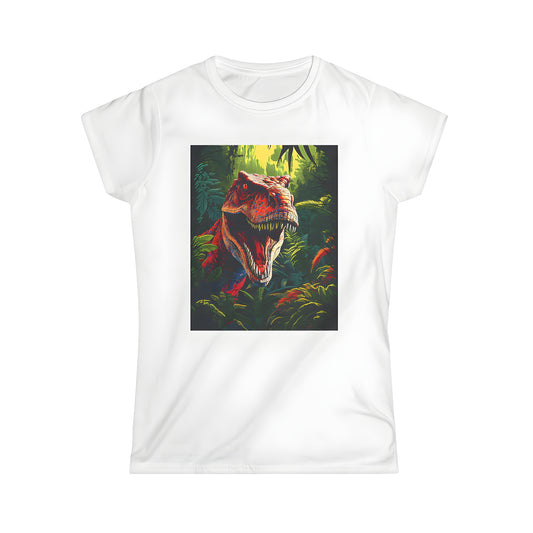 Women's colorful T-shirt featuring a fierce prehistoric dinosaur illustration of a T-Rex roaring amidst lush green jungle foliage