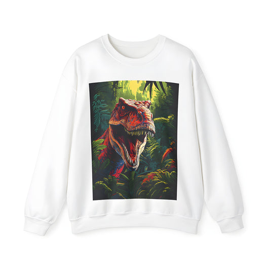 Adult sweatshirt featuring a colorful illustration of a mighty T-Rex roaring amidst lush jungle foliage.