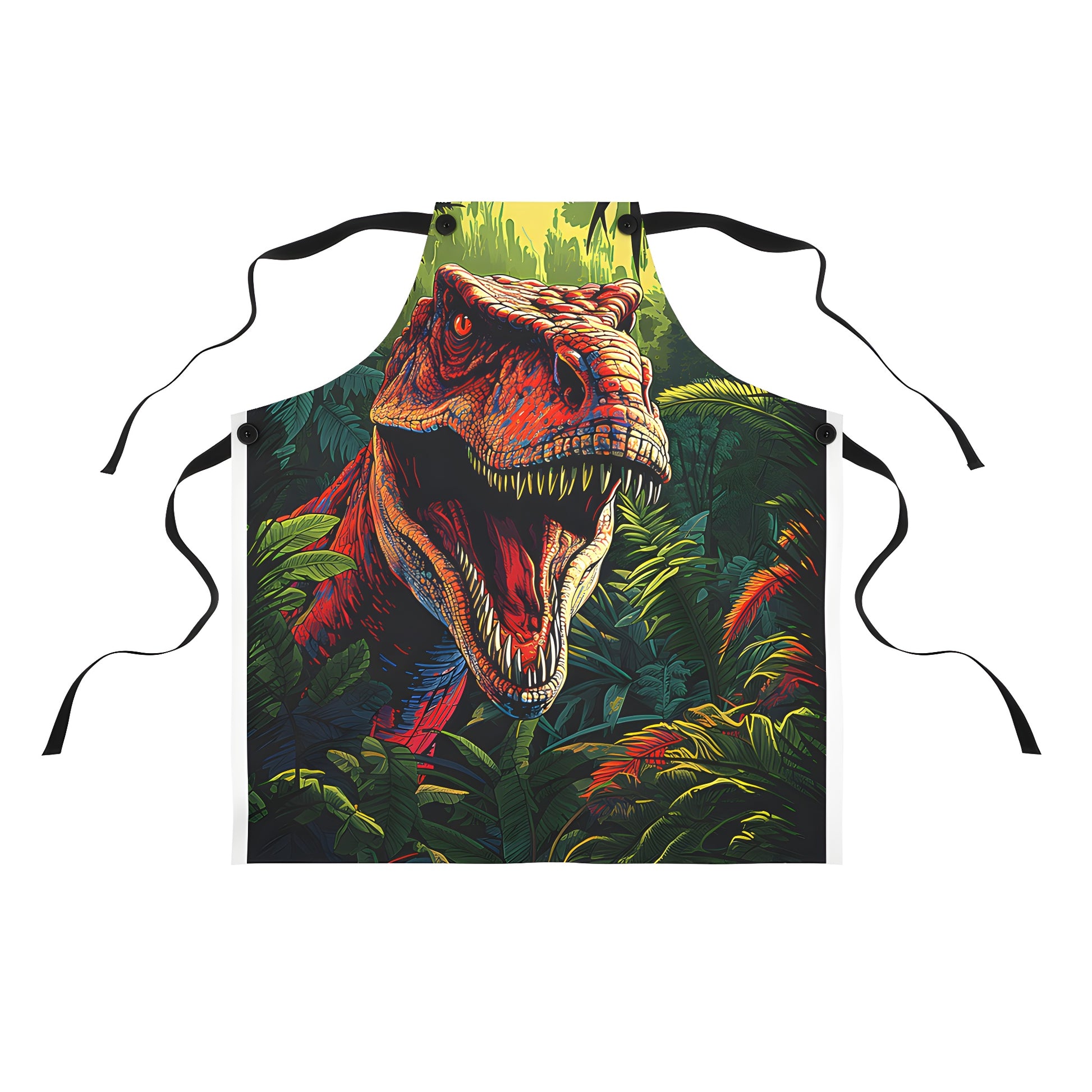 Colorful illustration of a ferocious T-Rex roaring amidst dense jungle foliage on an apron