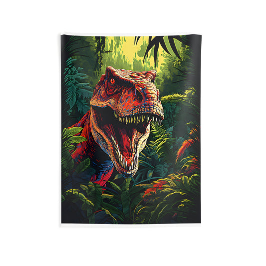 Colorful indoor wall tapestries featuring a detailed illustration of a ferocious dinosaur roaring amidst dense jungle foliage. Perfect for decor, home, or office.