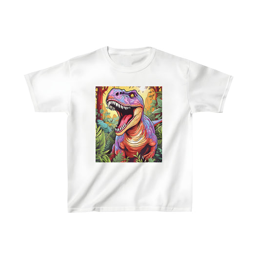 Colorful t-shirt for kids featuring a happy dinosaur design