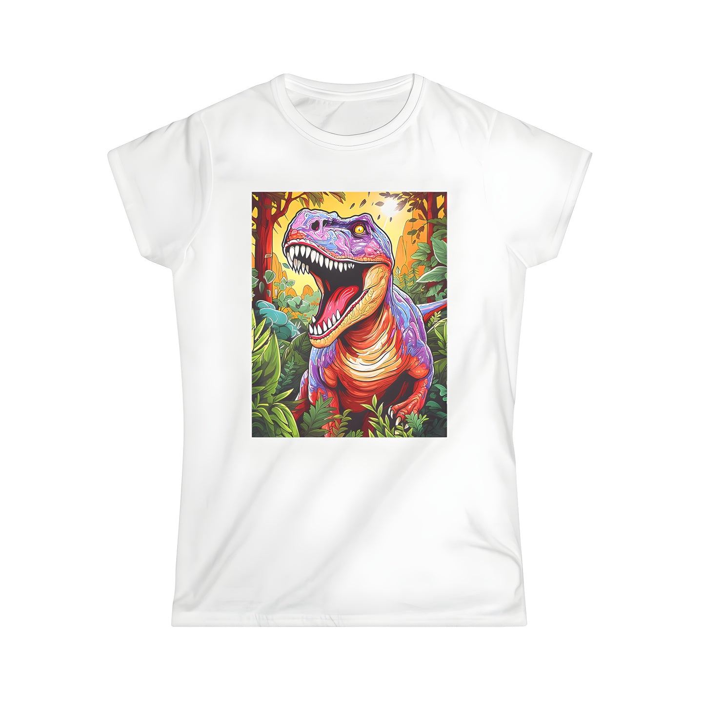 Women's graphic t-shirt featuring a colorful Tyrannosaurus Rex illustration in a jungle scene