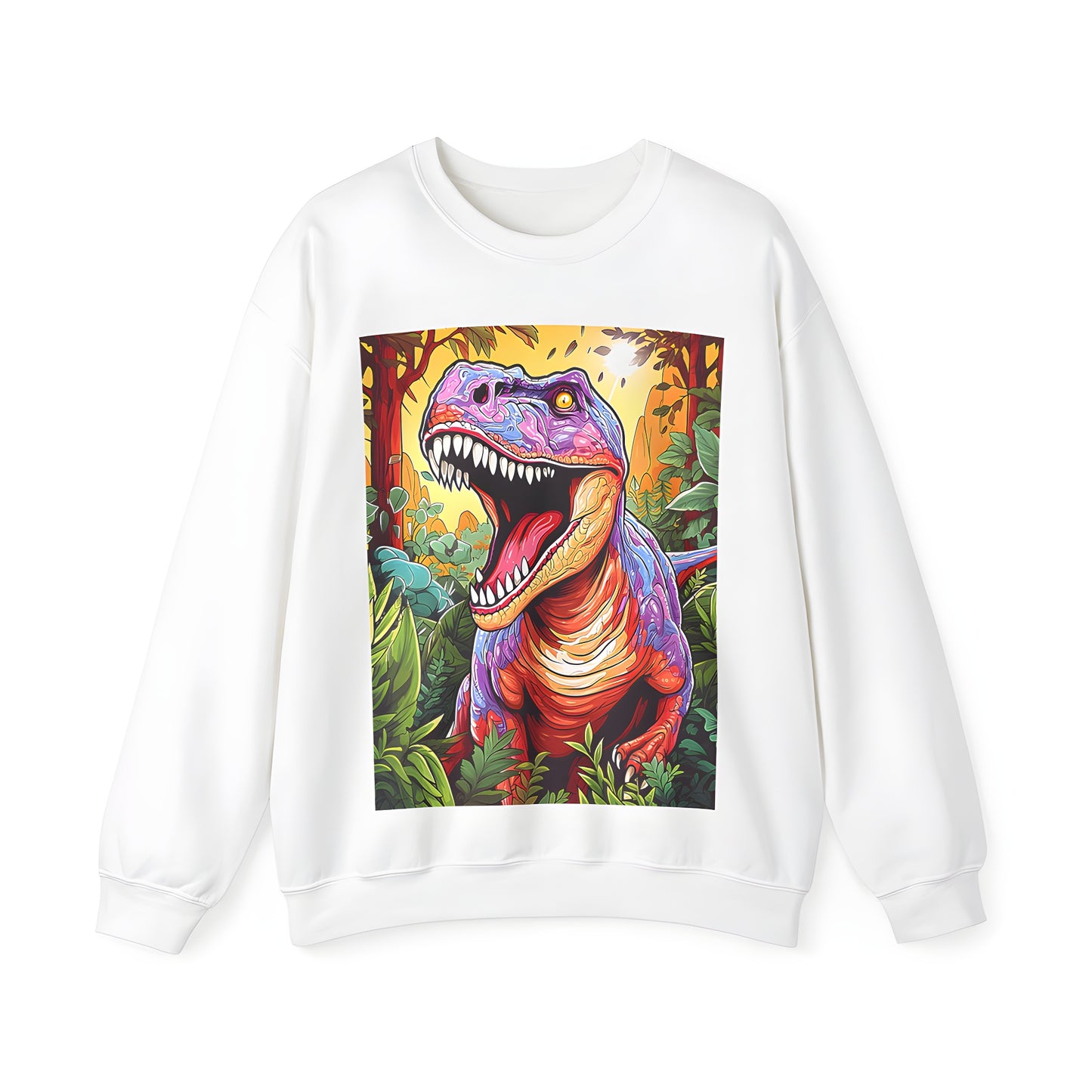 Adult sweatshirt featuring a colorful T-Rex design, a fierce Velociraptor, a mighty Dinosaur, roars in a lush jungle scene with vibrant leaves and trees against a bright blue sky