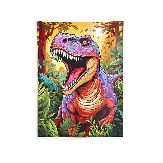 Colorful Dinosaur Wall Hanging, T-Rex Jungle Tapestry for Living Room, Indoor Wall Decor with Prehistoric Beast Design