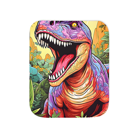 Colorful dinosaur blanket for kids or adults featuring a happy tyranno rex illustration