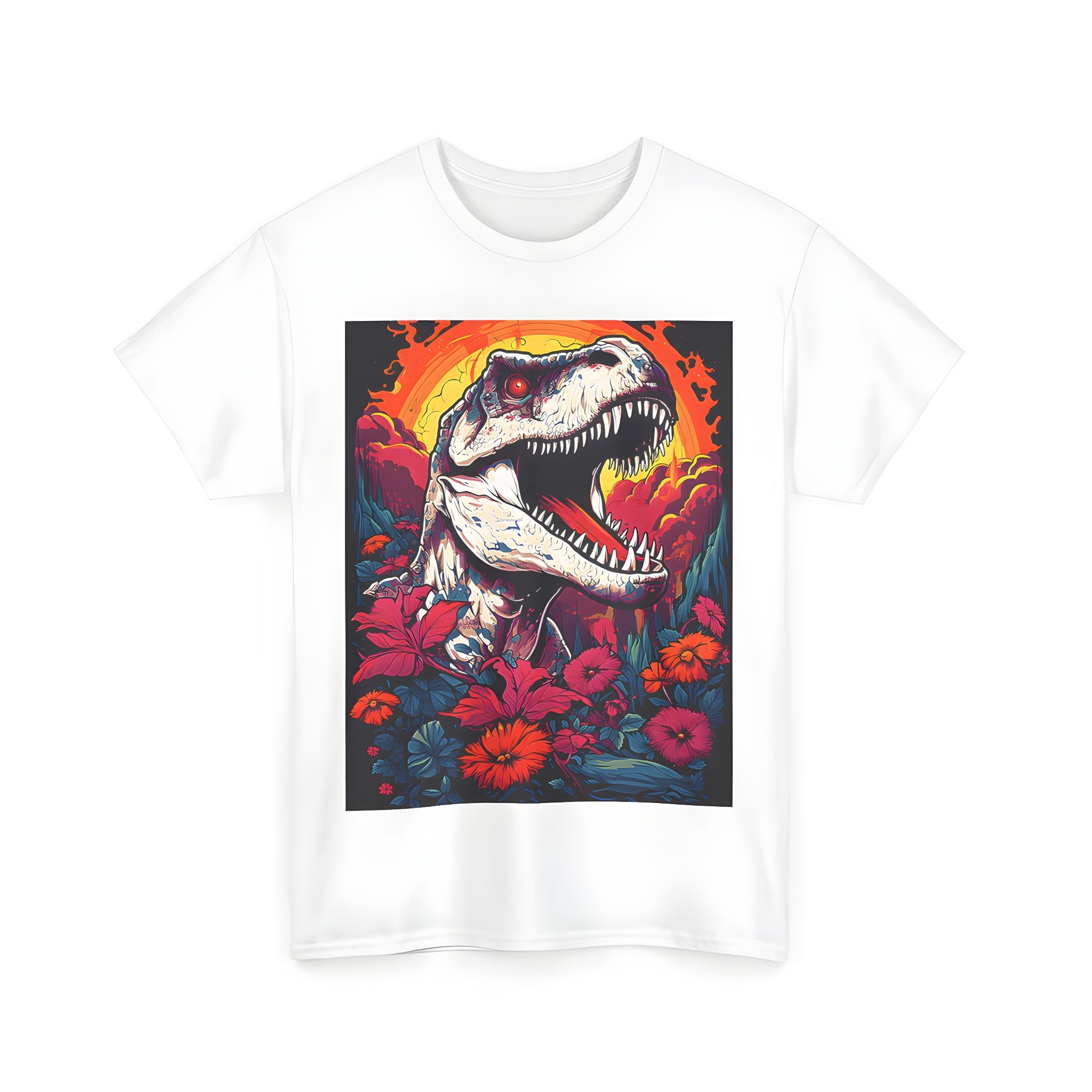 Colorful Unisex T-shirt featuring a vibrant ferocious T-Rex illustration surrounded by lush flowers under a dramatic sunset