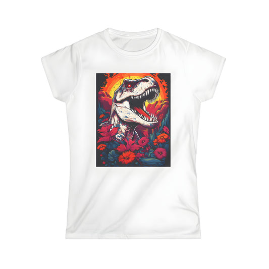 Colorful Women's t-shirt featuring a fierce Dinosaur illustration of a T-Rex with open mouth and surrounded by beautiful flowers under a stunning sunset