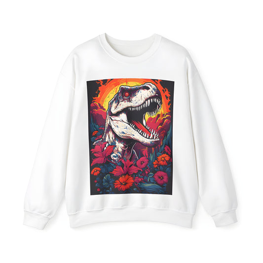 Adult sweatshirt featuring a ferocious T-Rex design surrounded by vibrant flowers under a dramatic sunset