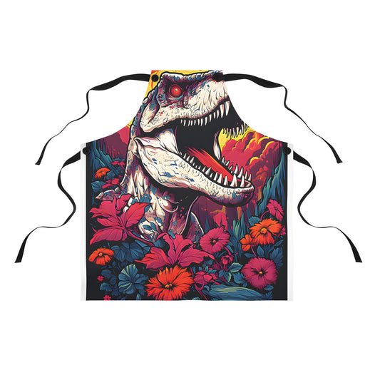 Colorful T-Rex apron for kids and adults featuring a ferocious dino design surrounded by flowers