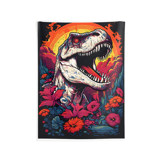 A colorful ferocious Dinosaur print Indoor Wall Tapestry, featuring a majestic T-Rex with an open mouth surrounded by lush flowers and a dramatic sunset.