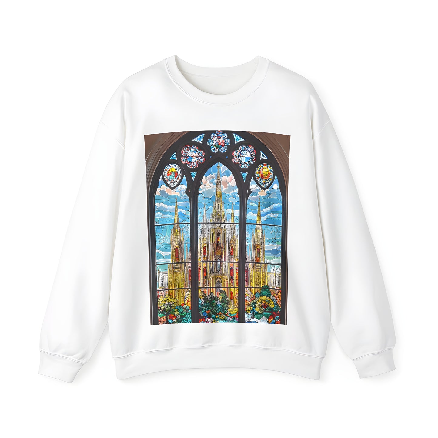 Colorful stained glass cathedral design adult sweatshirt