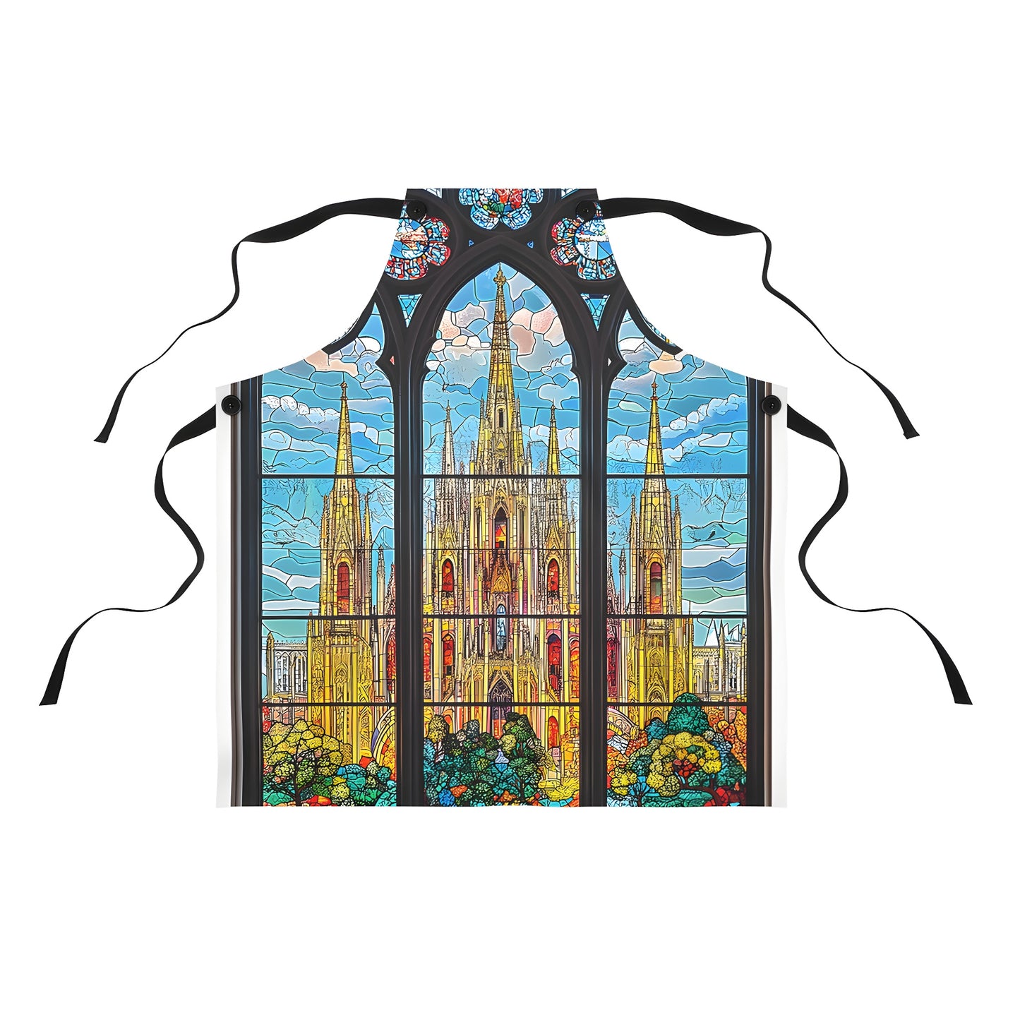 Vibrant stained glass-inspired cathedral design apron, colorful architecture motif with intricate patterns and spires surrounded by lush greenery