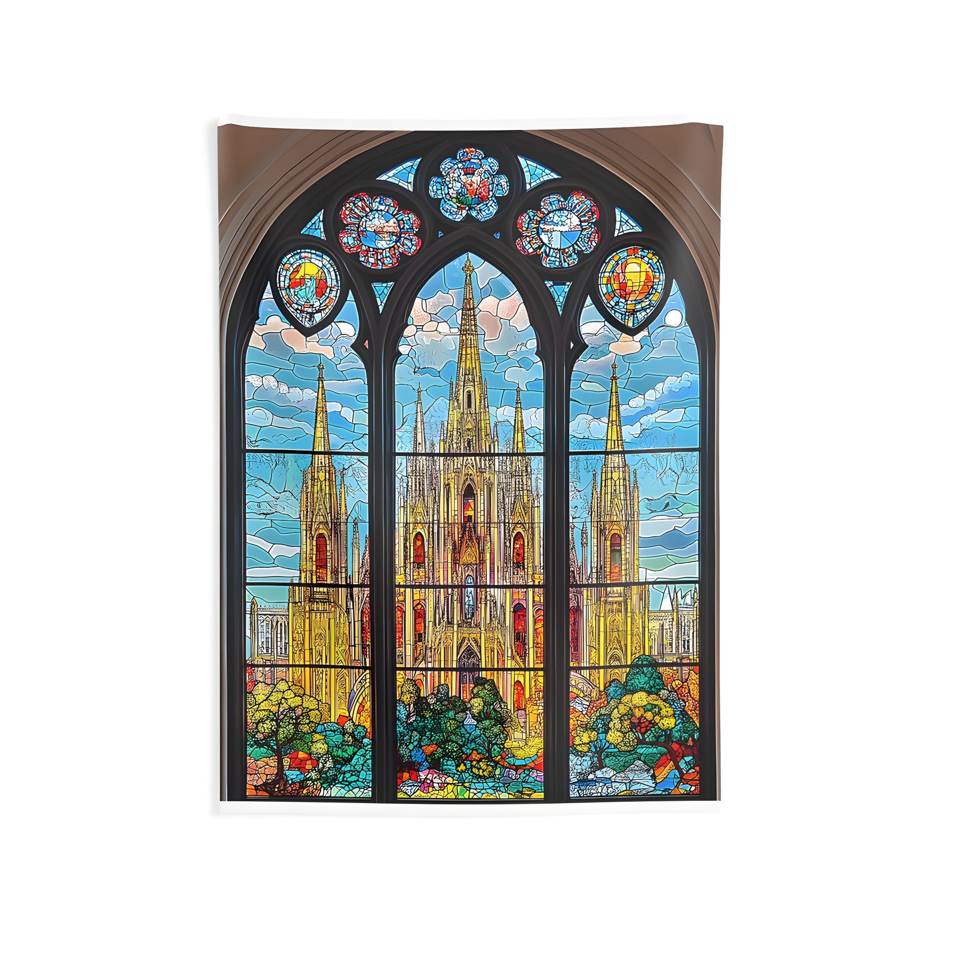 Vibrant stained glass cathedral wall hanging, grand stained glass church tapestry, colorful indoor wall decor