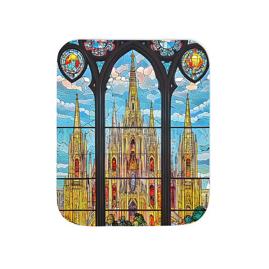 Vibrant stained glass cathedral blanket with intricate patterns and grand architecture design