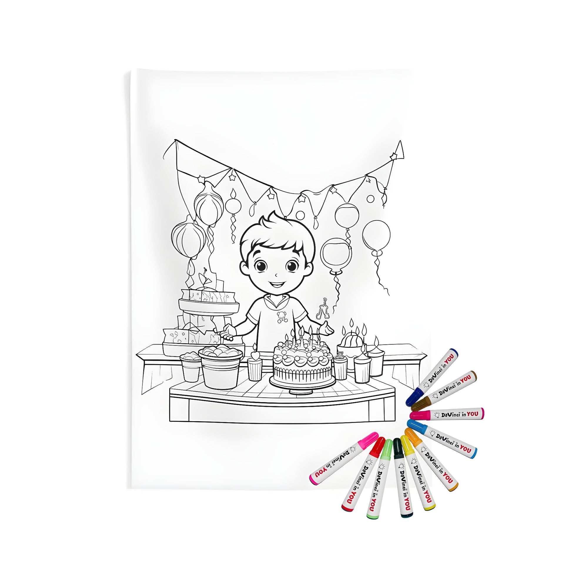 Indoor wall tapestry with vibrant birthday party design, featuring a child's colorful celebration scene