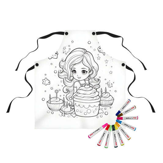 Coloring Apron with underwater birthday party design featuring mermaid theme