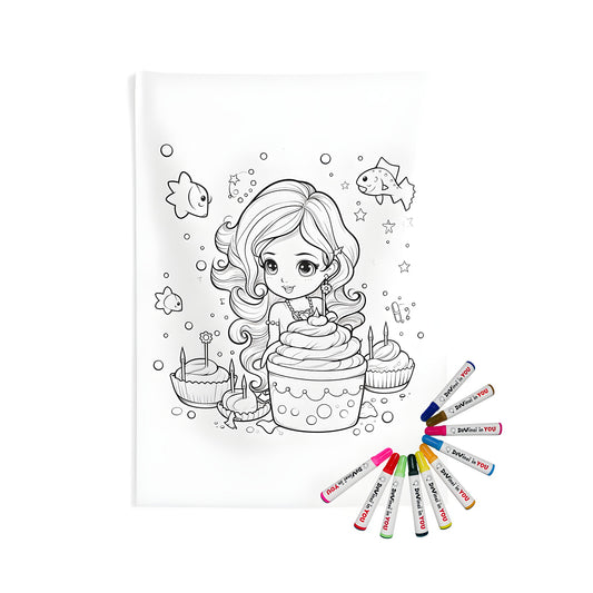 Underwater birthday party coloring kit for kids, mermaid themed fabric tapestries and markers