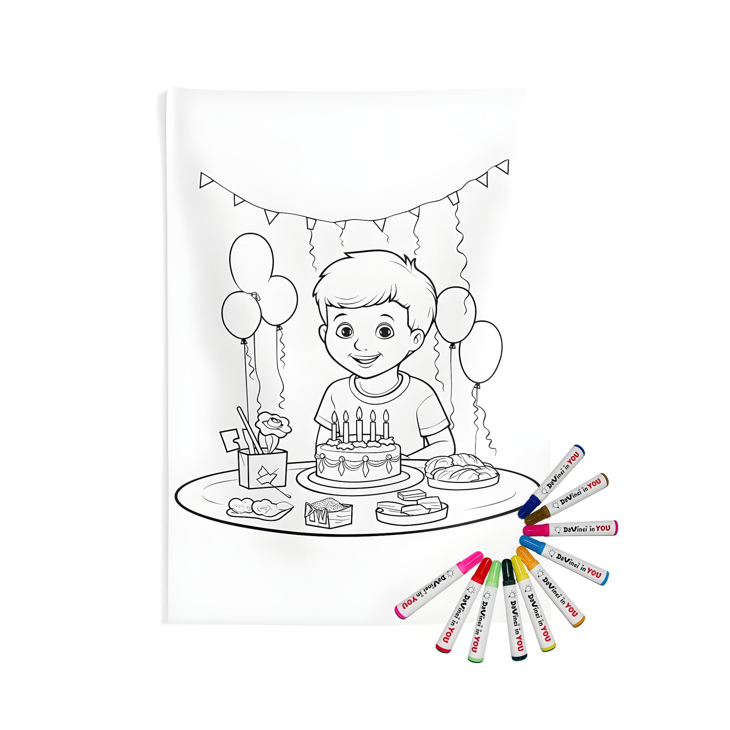 A colorful indoor wall tapestry featuring a black-and-white illustration of a young boy celebrating his birthday with a cake, balloons, and decorations. Perfect for kids' bedrooms or playrooms.