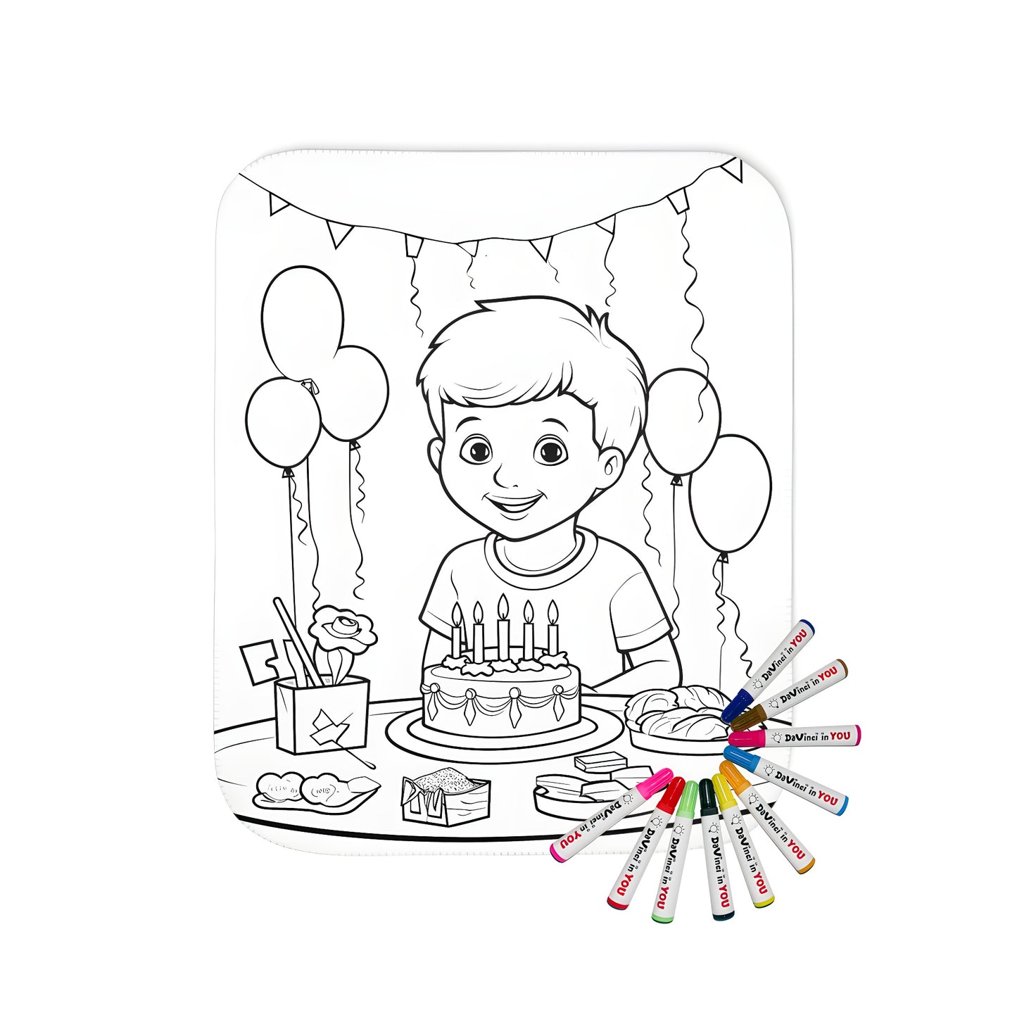 Colorful kids' birthday party blanket with cute illustrations