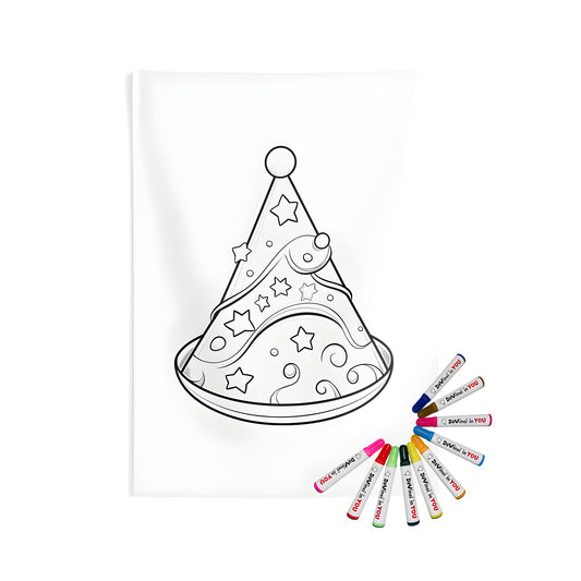 Indoor wall tapestry with party hat design, featuring black and white outline of a fun celebration accessory, decorated with stars and swirls, perfect for adults and kids to color