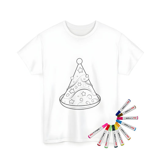 Coloring kit with unisex t-shirt featuring a black and white party hat design, stars, and swirls