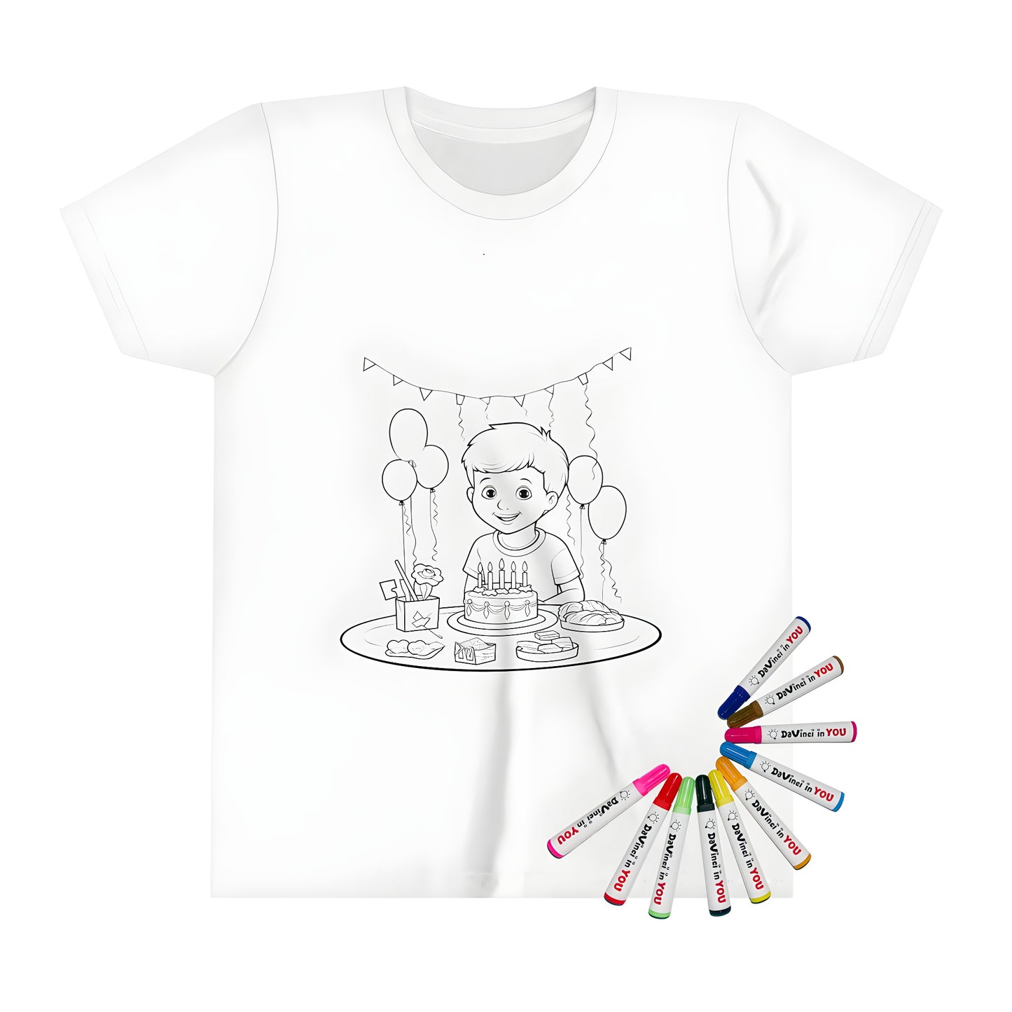 Coloring kit kid's t-shirt with birthday party design, featuring a young boy with cake and balloons.