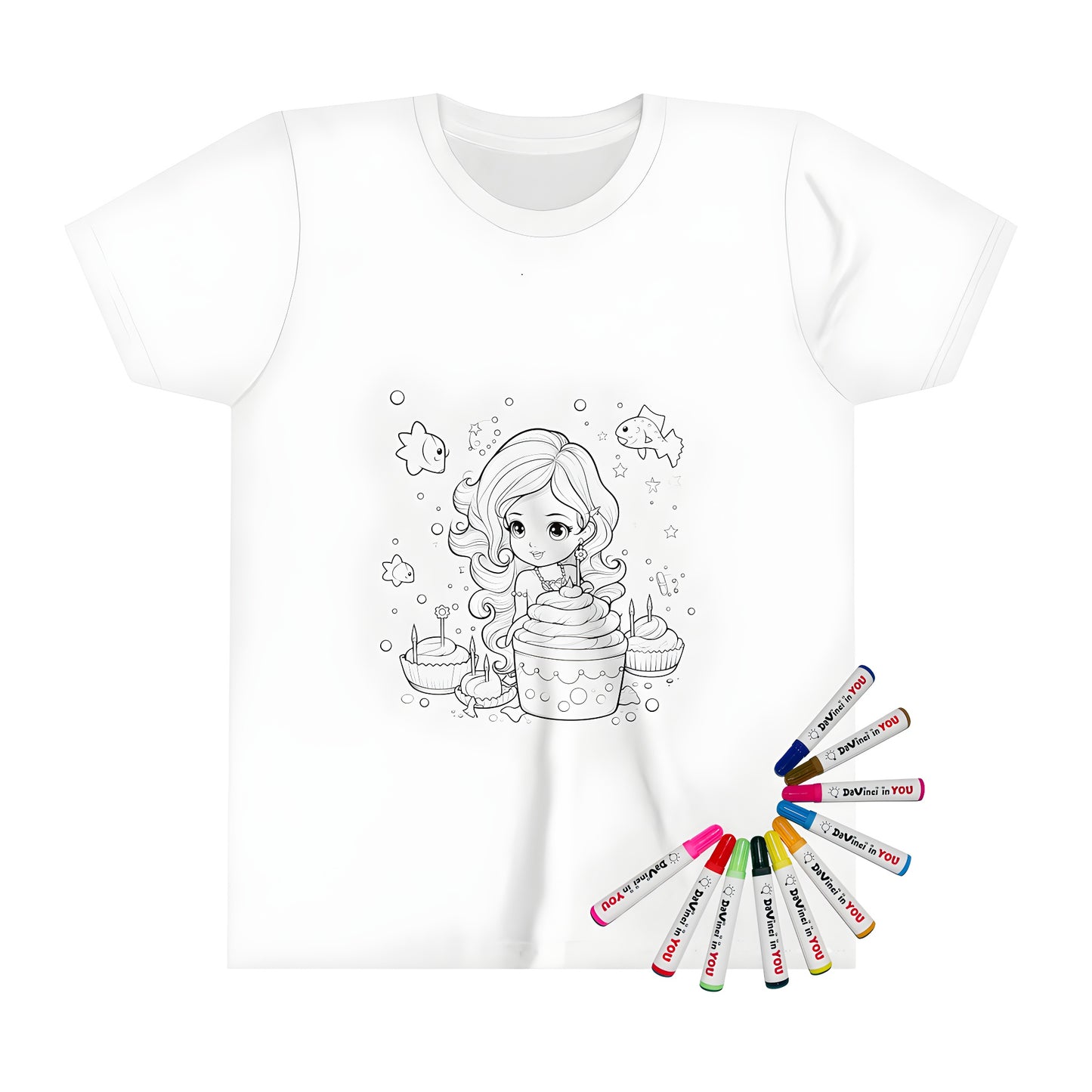 Mermaid themed birthday party coloring page print on kid's t-shirt