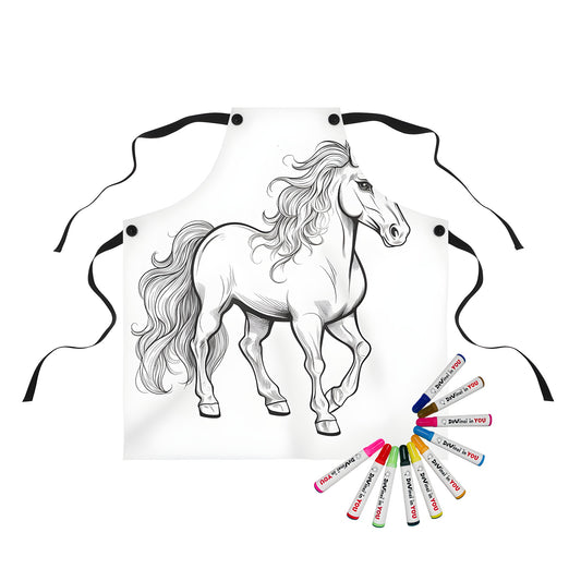 Apron with colorful unicorn design for kids, featuring a magical black and white illustration of a horse-like mythical creature with a detailed mane and horn.