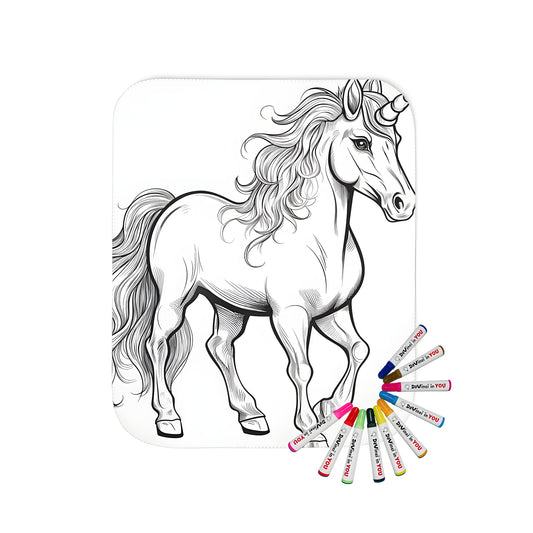 Coloring kit blanket with fabric markers featuring a majestic unicorn horse mythical creature illustration