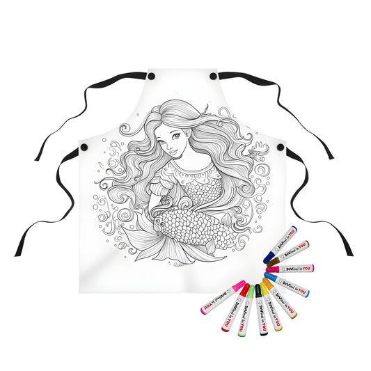 Apron featuring a whimsical underwater scene of a mermaid tail, siren, or sea nymph with long hair holding a fish, surrounded by colorful bubbles and ocean details, perfect for coloring