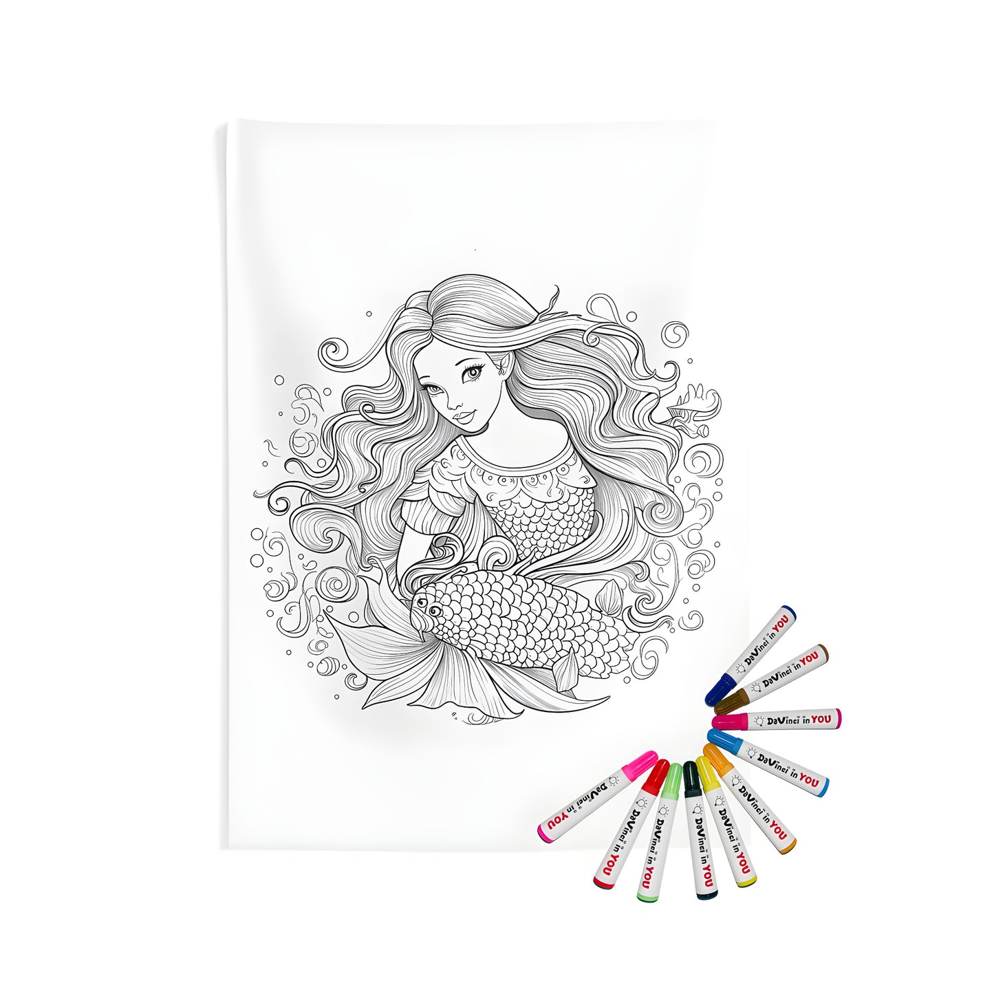 Wall tapestries indoor decoration, mermaid tail coloring page art print, underwater ocean scene