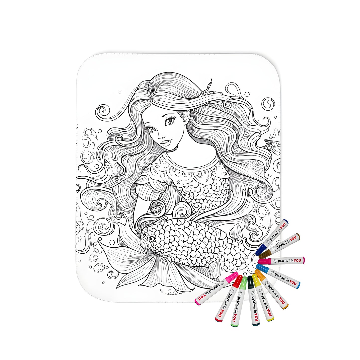 Mermaid blanket design featuring a detailed illustration of an underwater scene with a mermaid holding a fish, surrounded by colorful bubbles