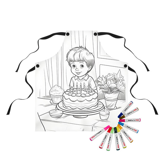 Colorful apron design featuring a young boy at a table with birthday cake, cupcakes, flowers, and candles