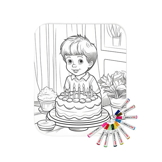 Colouring blanket for kids featuring a boy with birthday cake, candles and party decorations