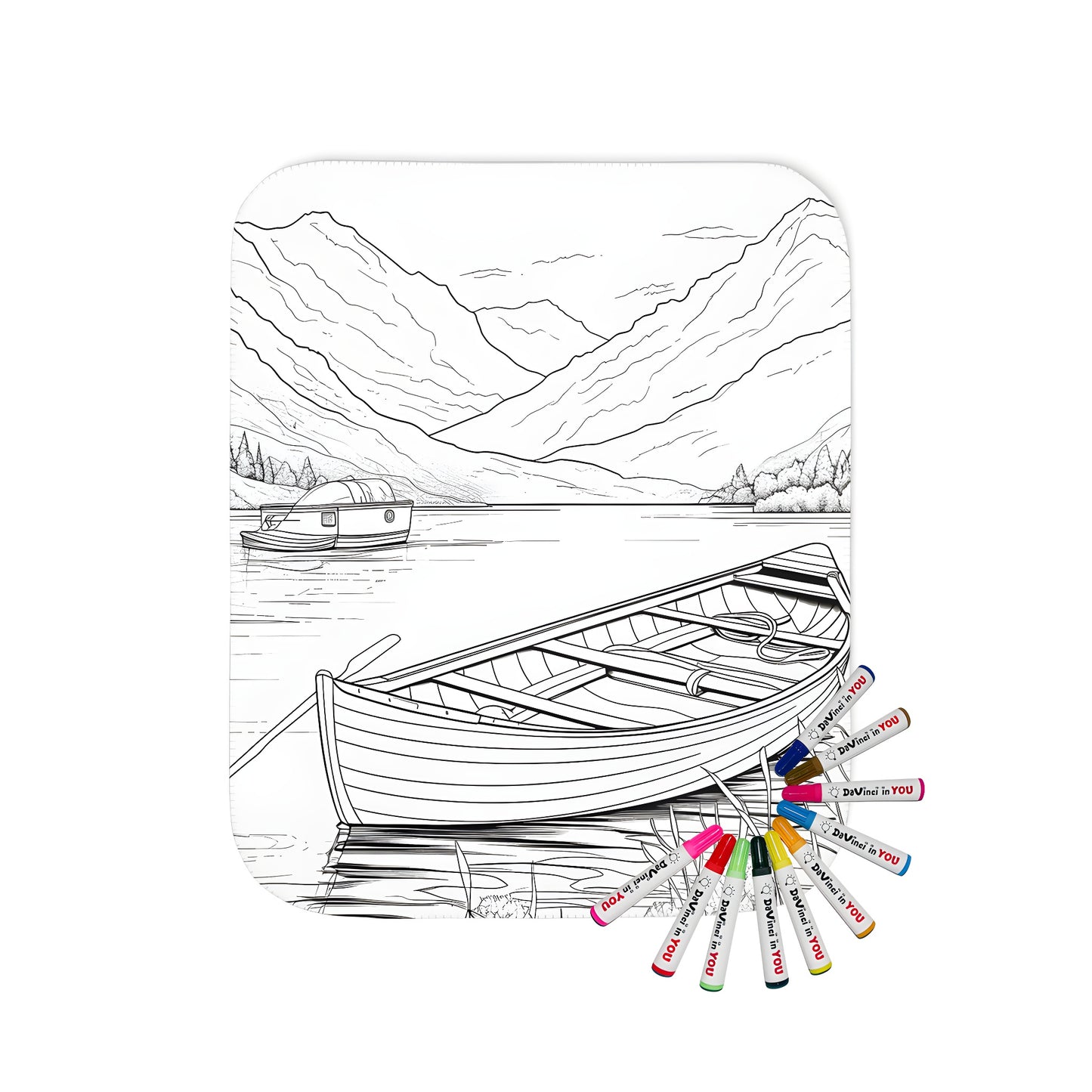 Blanket with a serene lake scene featuring a boat and mountains, perfect for relaxation