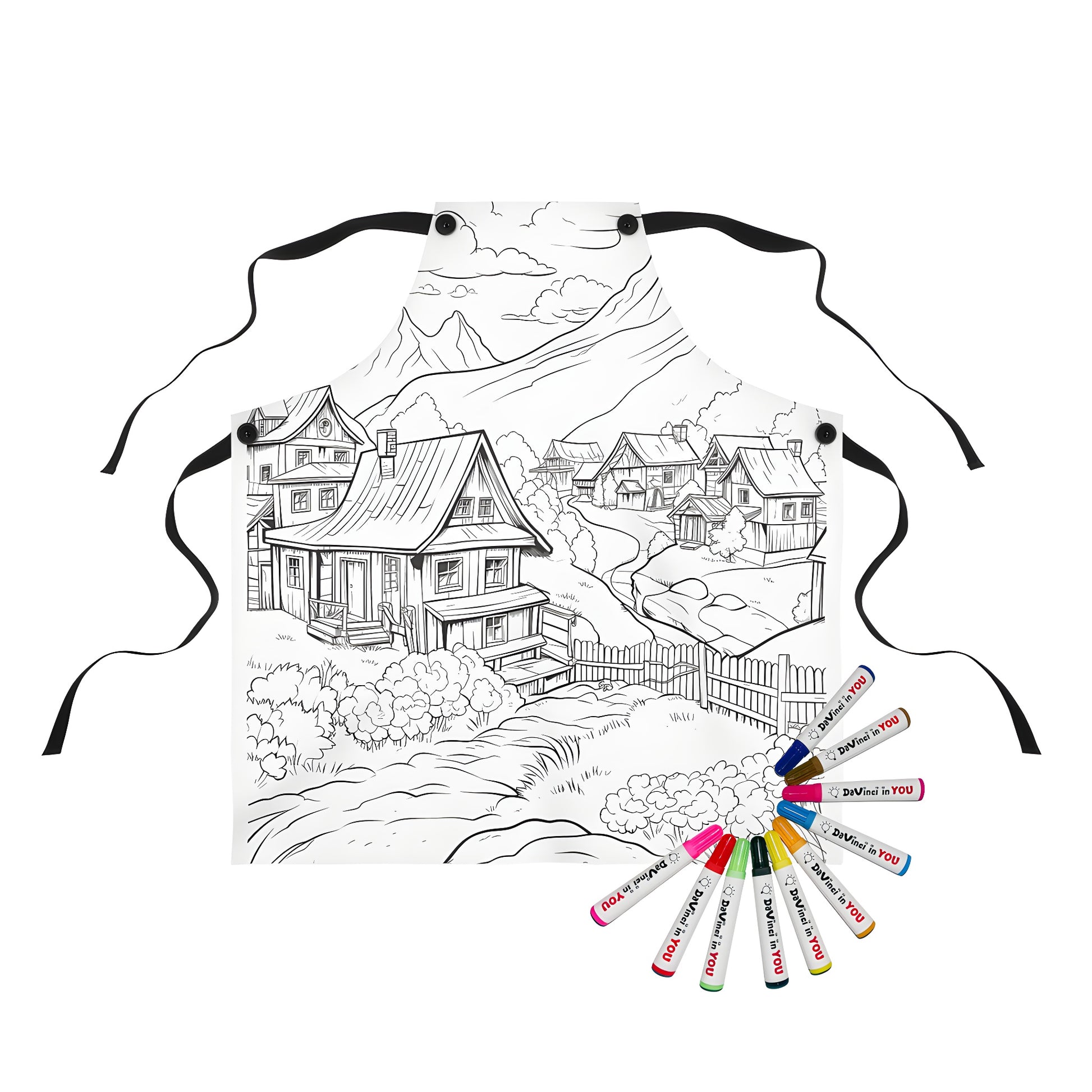 Apron featuring a detailed black-and-white line drawing of a village, town, or hamlet scene with houses, trees, clouds, and mountains