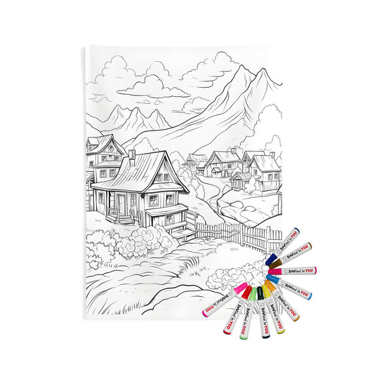 Indoor wall tapestry design featuring a detailed black-and-white line drawing of a mountain village scene with houses, trees, clouds, and mountains