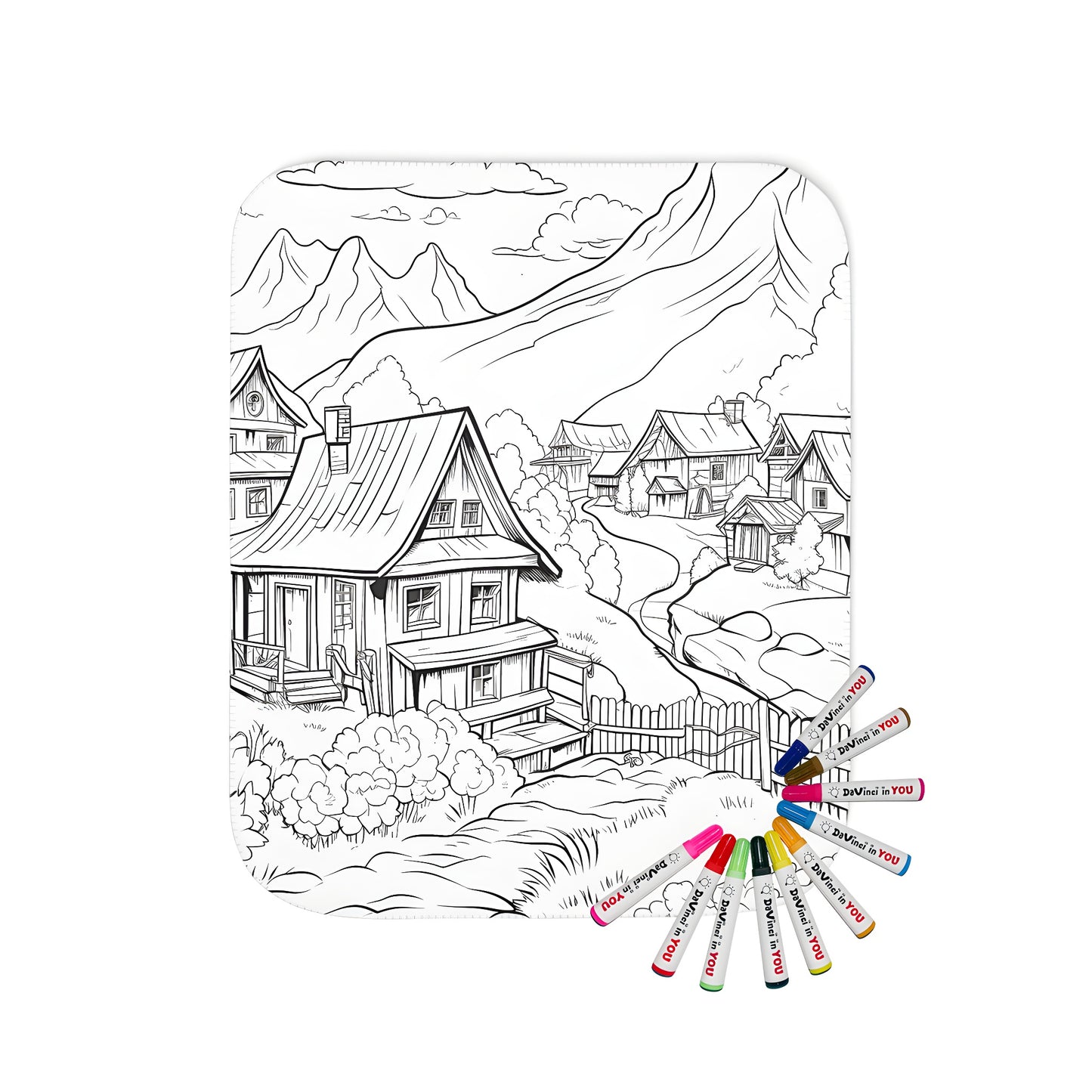 Blanket featuring a detailed black-and-white line drawing of a mountain village scene with houses, trees, and mountains