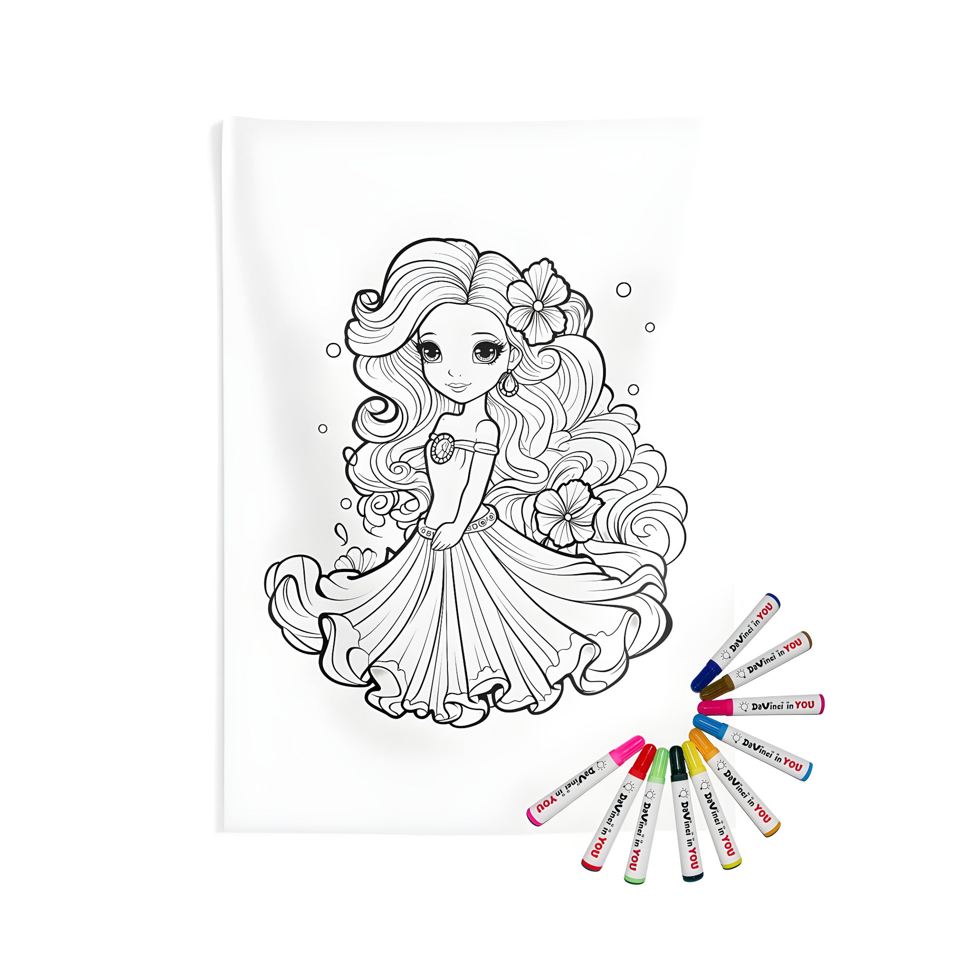 Indoor wall tapestry with princess and flower coloring page